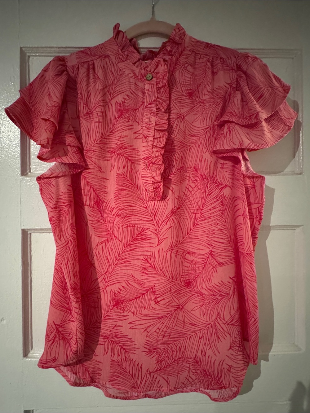 Ruffled Pink Leaf-Print Sleeveless Blouse